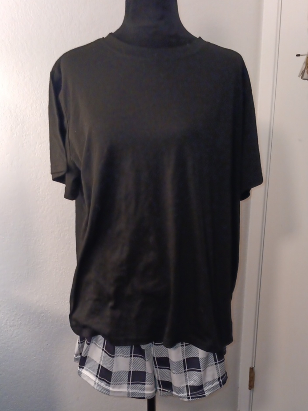SHEIN Black Short-Sleeve Pajama Top with Black-and-White Plaid Shorts